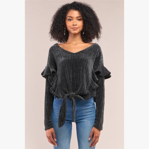 (NWT) Ruffle Trim V-Neck Sweater - Dark Grey - Picture 1 of 5